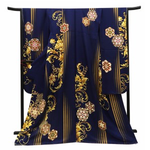 仕立て上がり 振袖 正絹 縞 華文 アラベスク 紺(対丈)［121,000円］