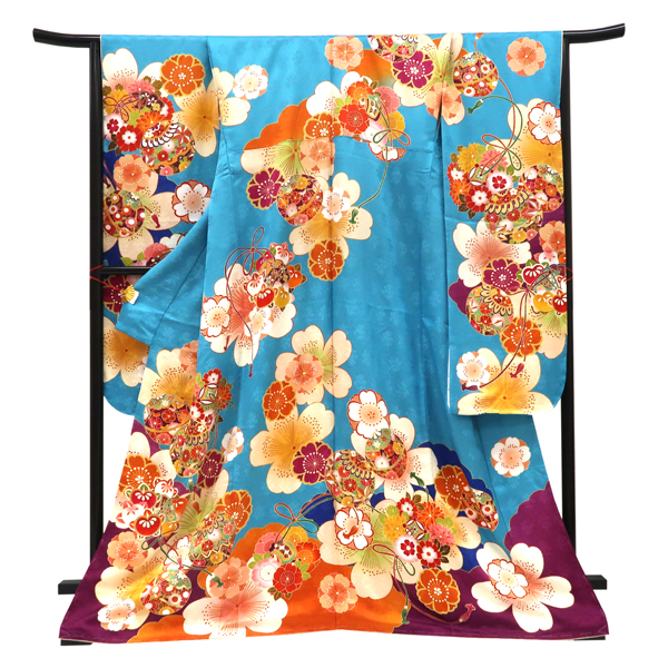 仕立て上がり 振袖 正絹 桜 毬 ターコイズブルー［110,000円］ 枚目
