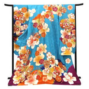 仕立て上がり 振袖 正絹 桜 毬 ターコイズブルー［110,000円］