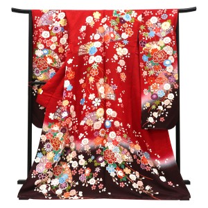 仕立て上がり 振袖 正絹 檜扇 牡丹 桜 菊 赤［121,000円］