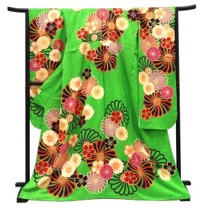仕立て上がり 振袖 正絹 捻り菊 桜 黄緑［143,000円］