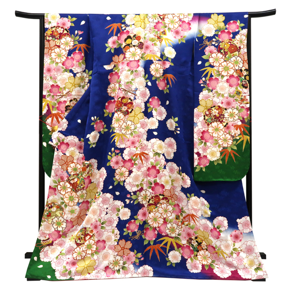 仕立て上がり 振袖 正絹 桜 毬 笛 熨斗 青［110,000円］ 枚目