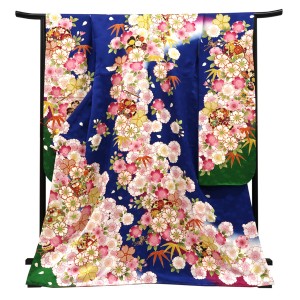 仕立て上がり 振袖 正絹 桜 毬 笛 熨斗 青［110,000円］