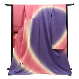 仕立て上がり 振袖 絹 銀通し 犬 ピンク×紫［44,000円］
