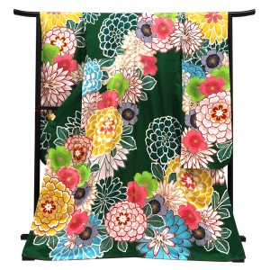 仕立て上がり 振袖 正絹 菊 桜 深緑［110,000円］