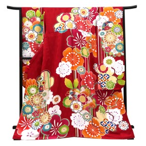 仕立て上がり 振袖 正絹 桜 菊 梅 毬 赤［110,000円］