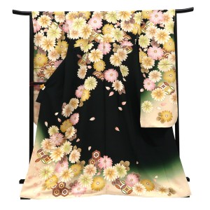 仕立て上がり 振袖 正絹 菊 七宝 亀甲 深緑［121,000円］