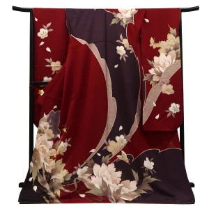 仕立て上がり 振袖 正絹 牡丹 桜 蝶 ボルドー［110,000円］