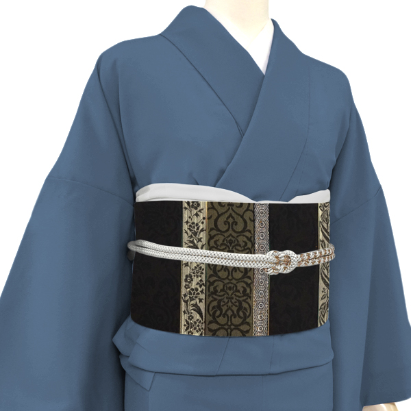 大光 名古屋帯 西陣織 正絹 スリーシーズン帯 花唐草 更紗 段 黒色 焦茶 鶯色［34,100円］ 枚目