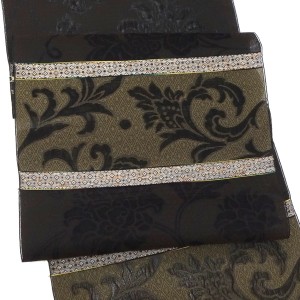 大光 名古屋帯 西陣織 絹 花唐草 葡萄唐草 更紗 段 焦茶 鶯色［33,000円］