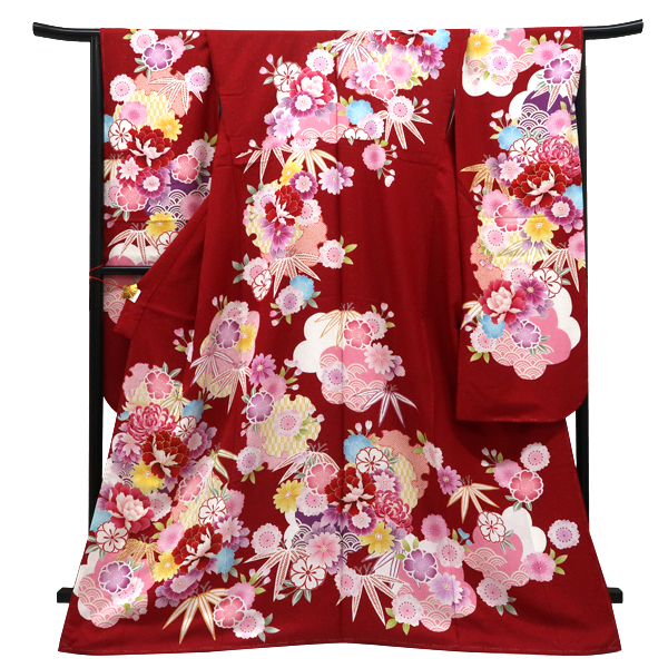 仕立て上がり 振袖 絹 銀通し 牡丹 菊 桜 梅 笹 古典 赤［121,000円］ 枚目