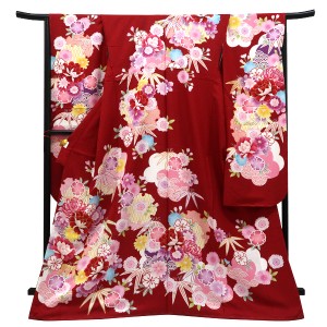 仕立て上がり 振袖 絹 銀通し 牡丹 菊 桜 梅 笹 古典 赤［121,000円］