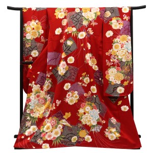 仕立て上がり 振袖 正絹 牡丹 花の丸 蝶 宝尽くし 疋田  赤［99,000円］