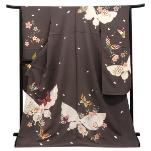 仕立て上がり 振袖 正絹 牡丹 桜 蝶 グレー［88,000円］