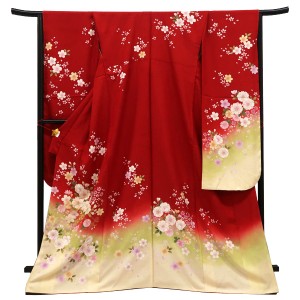 仕立て上がり 振袖 正絹  桜  花車 赤 黄色［88,000円］