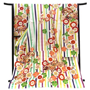 仕立て上がり 振袖 正絹 縞 こっぽり 梅 桜  松 鈴 宝尽くし 白［110,000円］