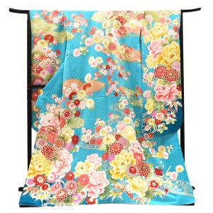 仕立て上がり 振袖 正絹 牡丹 菊 桜 四季花 流水 水色［99,000円］