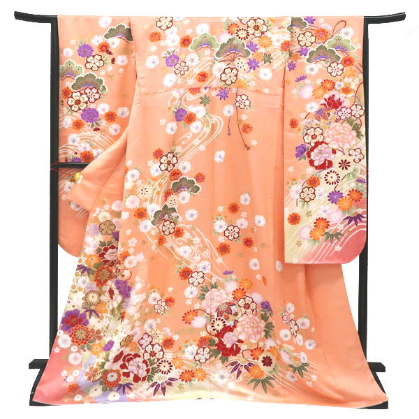 仕立て上がり 振袖 正絹 牡丹 桜 菊 貝桶 流水 薄オレンジ［99,000円］ 枚目