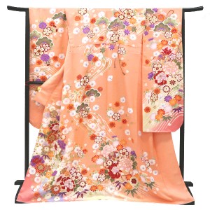 仕立て上がり 振袖 正絹 牡丹 桜 菊 貝桶 流水 薄オレンジ［99,000円］
