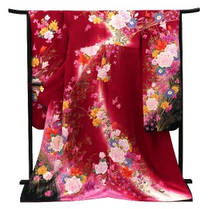 仕立て上がり 振袖 正絹 薔薇 牡丹 百合 桜 更紗 赤［99,000円］