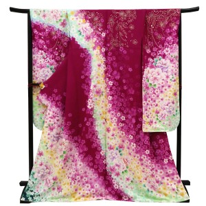 仕立て上がり 振袖 銀通し 絹 牡丹 桜 ラインストーン 紫［99,000円］