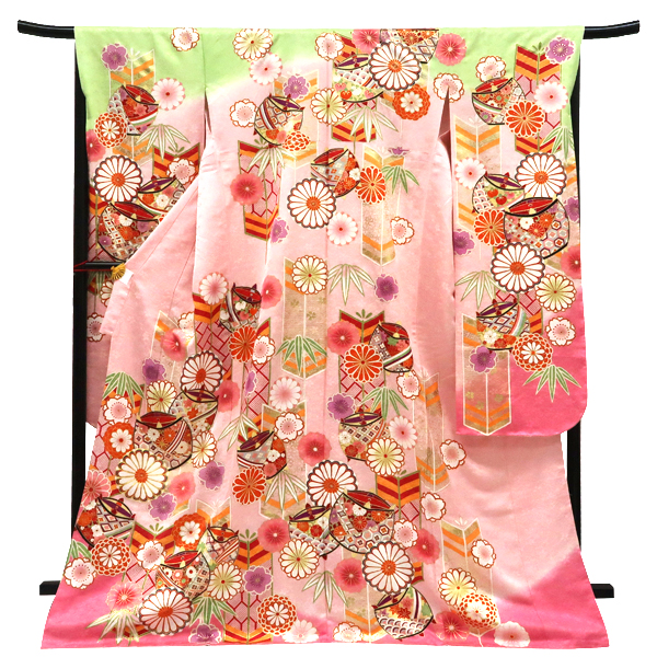仕立て上がり 振袖 正絹 菊 桜  糸車 矢羽根 笹 ピンク［99,000円］ 枚目