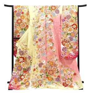 仕立て上がり 振袖 正絹 桜 菊 牡丹 毬 薄黄色×ピンク［132,000円］