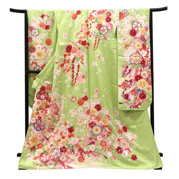 仕立て上がり 振袖 正絹 熨斗 毬 牡丹 桜 菊 組紐 黄緑［110,000円］ 枚目