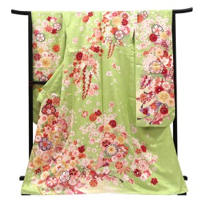 仕立て上がり 振袖 正絹 熨斗 毬 牡丹 桜 菊 組紐 黄緑［110,000円］