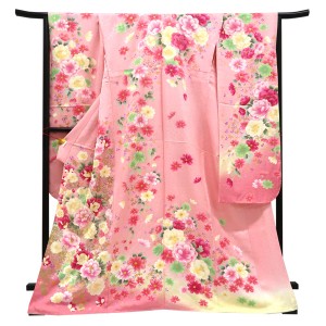 仕立て上がり 振袖 正絹 牡丹 桜 蝶 ピンク［110,000円］