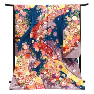 仕立て上がり 振袖 正絹 道長取り 松竹梅 桜 菊 マリンブルー［110,000円］