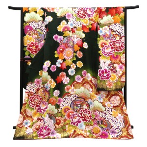 仕立て上がり 振袖 正絹 雪輪 松 梅 牡丹 桜 菊 鶴 深緑［132,000円］