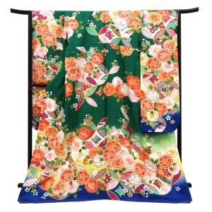 仕立て上がり 振袖 正絹 七宝 桜 緑［132,000円］