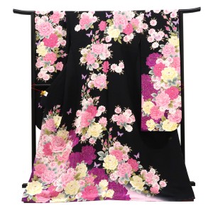 仕立て上がり 振袖 正絹 薔薇 桜 蝶 黒［99,000円］