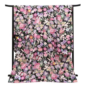 仕立て上がり 振袖 銀通し 絹 牡丹 菊 桜 毬 黒［99,000円］