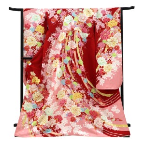 仕立て上がり 振袖 銀通し 絹 熨斗 牡丹 桜 菊 赤×ピンク［99,000円］