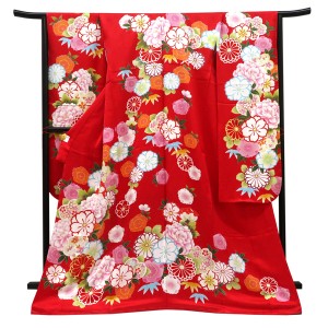仕立て上がり 振袖 正絹 牡丹 桜 菊 橘 赤［121,000円］