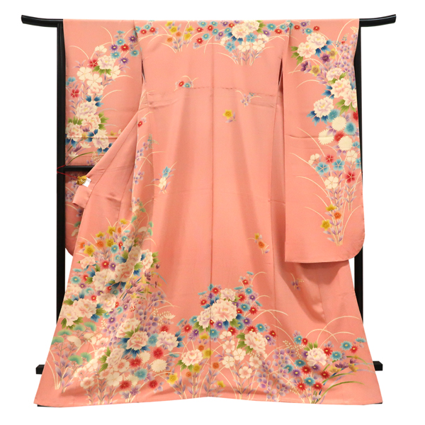 仕立て上がり 振袖 正絹 牡丹 菊 萩 桔梗 女郎花 撫子 サーモンピンク［77,000円］ 枚目