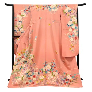 仕立て上がり 振袖 正絹 牡丹 菊 萩 桔梗 女郎花 撫子 サーモンピンク［77,000円］