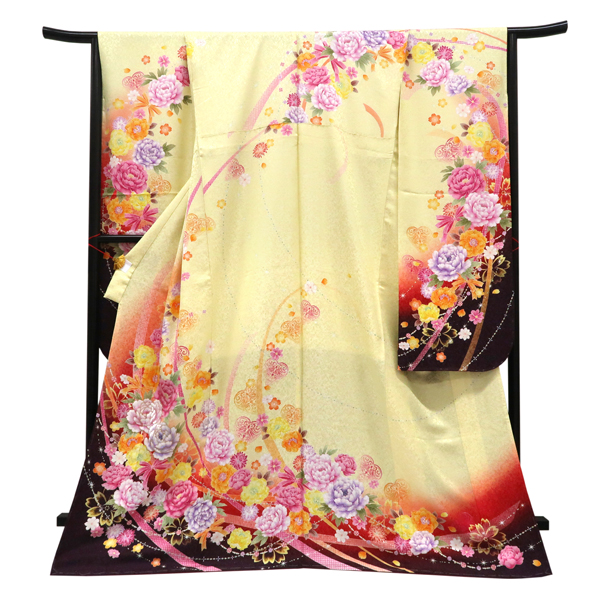 仕立て上がり 振袖 銀通し 絹 熨斗 リボン 牡丹 桜 菊 ハート 黄色［99,000円］ 枚目