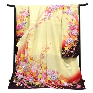 仕立て上がり 振袖 銀通し 絹 熨斗 リボン 牡丹 桜 菊 ハート 黄色［99,000円］