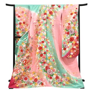 仕立て上がり 振袖 正絹 菊 梅 桜 毬 エメラルドグリーン×ピンク［110,000円］