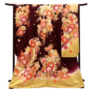 仕立て上がり 振袖 正絹 牡丹 梅 菊 藤 ボルドー［143,000円］