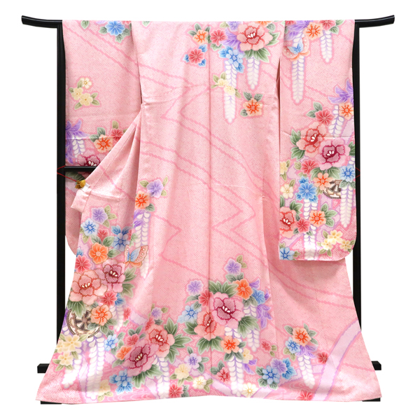 仕立て上がり 振袖 正絹 牡丹 菊 藤 源氏車 蝶 匹田 ピンク［110,000円］ 枚目