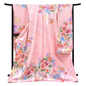 仕立て上がり 振袖 正絹 牡丹 菊 藤 源氏車 蝶 匹田 ピンク［110,000円］