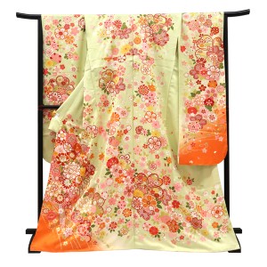 仕立て上がり 振袖 正絹 桜尽くし 牡丹 毬 熨斗 ライムイエロー［121,000円］