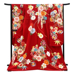 仕立て上がり 振袖 正絹 花籠 毬 七宝 四季花 赤［143,000円］