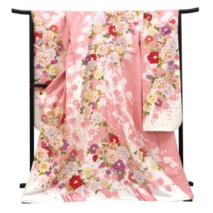 仕立て上がり 振袖 銀通し 絹 牡丹 桜 ピンク［110,000円］