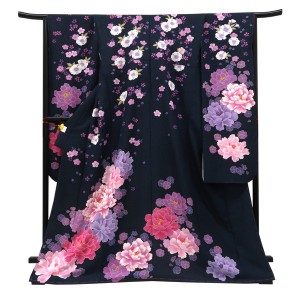仕立て上がり 振袖 銀通し 絹 牡丹 桜 濃紺［99,000円］