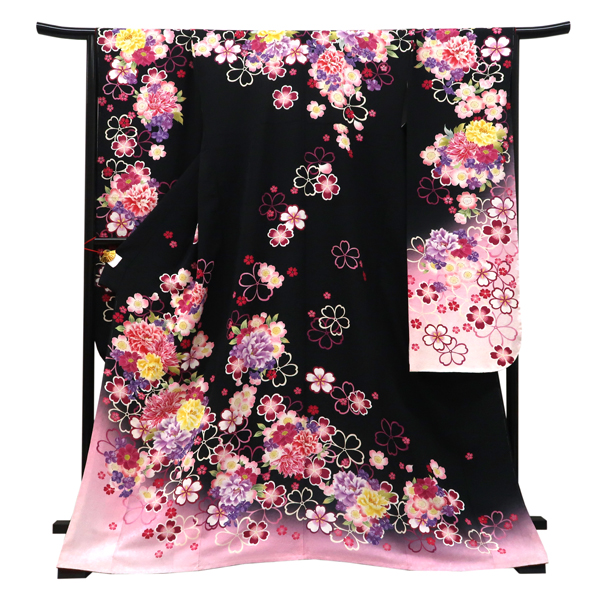 仕立て上がり 振袖 正絹 牡丹 桜 黒［99,000円］ 枚目